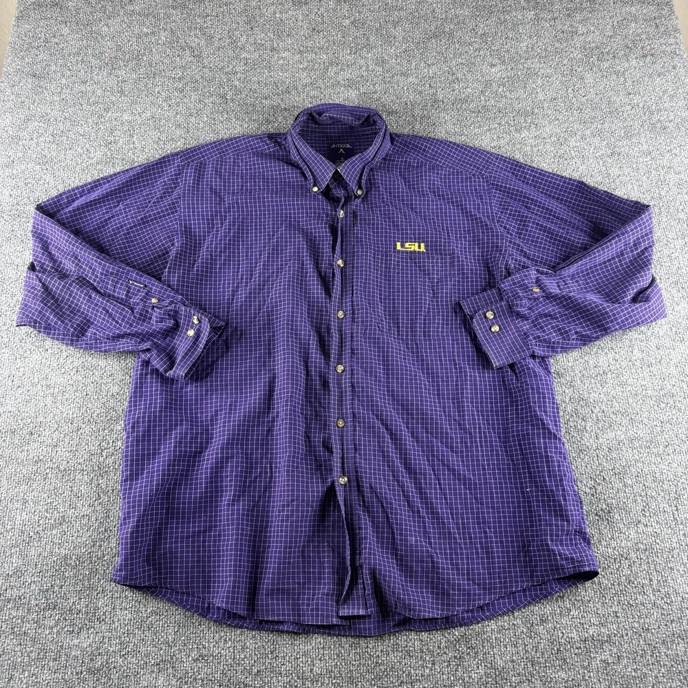 LSU Tigers Shirt Mens XL Purple Check NCAA Football Antigua Button Down